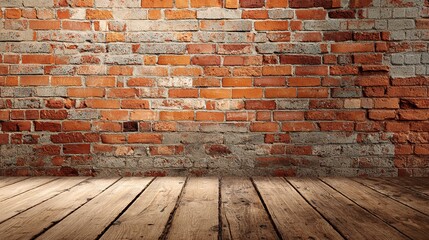 Rustic brick wall texture with an aged wooden floor creating a vintage background