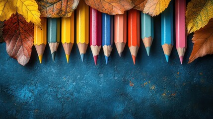Colorful pencils and autumn leaves on blue background.