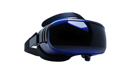 Sleek modern virtual reality headset with glowing blue accents against a deep on transparent background
