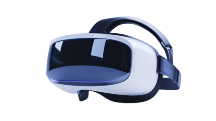 Sleek white virtual reality headset floats against a stark emphasizing futuristic technology and immersion on transparent background
