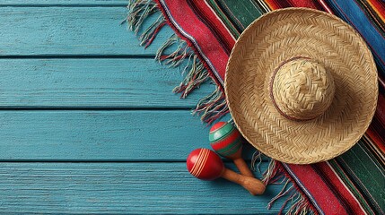 Vibrant mexican fiesta elements including a traditional sombrero and maracas on a rustic blue wood background