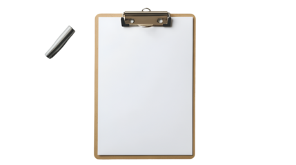 Blank clipboard with metal clip and silver pen floating against a stark ready for notes on transparent background