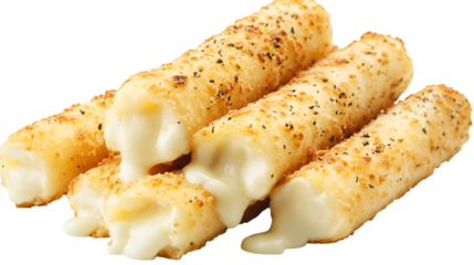 Golden brown crispy mozzarella cheese sticks with melted gooey interior on transparent background