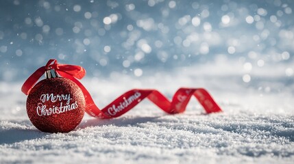 Glistening red merry christmas ornament and ribbon rests on fresh snow with magical bokeh
