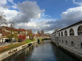 Ljubljana Slovenia Ljubljanica river with central market.