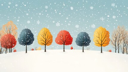 Colorful trees on snowy hill with falling snowflakes.