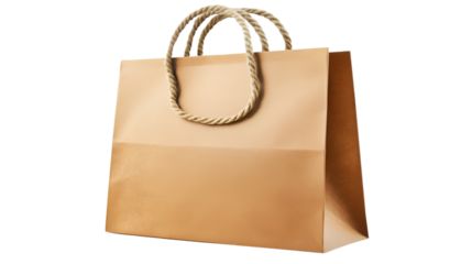 Empty brown paper shopping bag with twisted rope handles for retail on transparent background