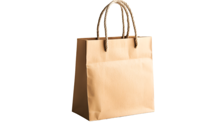 Simple brown paper shopping bag with twisted rope handles on a clean for retail on transparent background