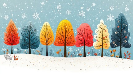 Colorful trees in snowy winter landscape.