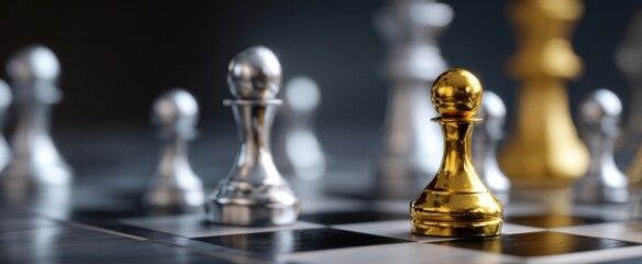 The golden pawn standing proudly on a chessboard among silver adversaries, selective focus