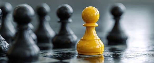 The pawn standing boldly alone among black chess pieces on reflective chessboard