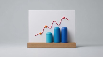 Colorful 3D Bar Graph Representation with Trend Line and Geometric Shapes on Minimalistic Background Showcase Business Growth and Data Visualization Concepts