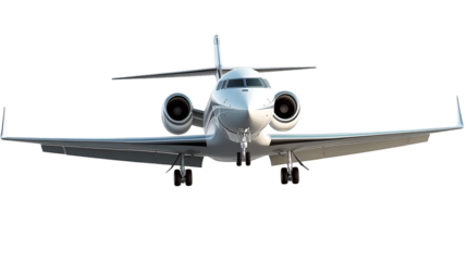 Sleek modern private jet aircraft front view for luxury travel concepts on transparent background
