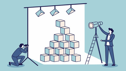 Photographers capturing a stack of boxes in a studio setting.