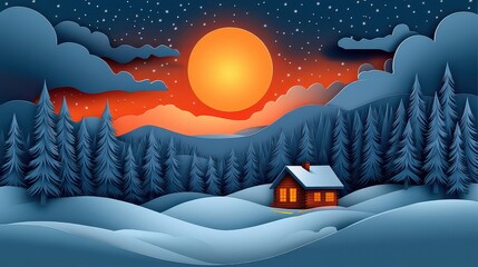 Cozy cabin in snowy mountains at sunset.