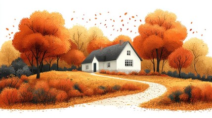 Cozy autumn cottage nestled in vibrant fall foliage.