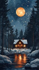 Cozy cabin nestled in snowy forest under a full moon.
