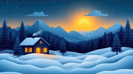 Cozy cabin nestled in snowy mountain landscape at sunset.