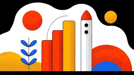 Abstract illustration of a rocket taking off with colorful bars, geometric shapes, and natural elements showcasing growth and innovation in a digital landscape