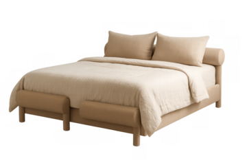 Comfortable king size bed with beige bedding, pillows, duvet, and mattress on a transparent background