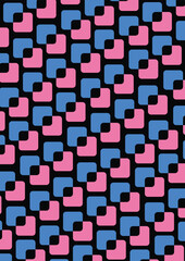 Fototapeta premium Repeating pattern of pink and blue rounded squares over a black backdrop for a retro feel.