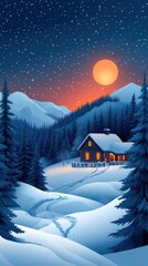 Cozy cabin nestled in snowy mountains under a large winter moon.
