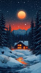 Cozy cabin nestled in snowy winter mountainscape under a full moon.
