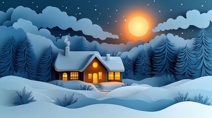 Cozy winter cabin nestled in snowy forest under a full moon at night.