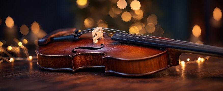 The violin resting on wooden table with warm bokeh lights and candles - Powered by Adobe