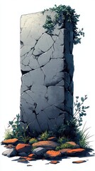 Cracked stone pillar with vegetation.