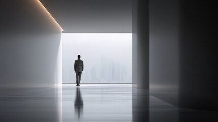 Fototapeta premium Solitary Businessman Contemplating Future in Modern Minimalist Space with View of Urban Landscape and Soft Ambient Lighting