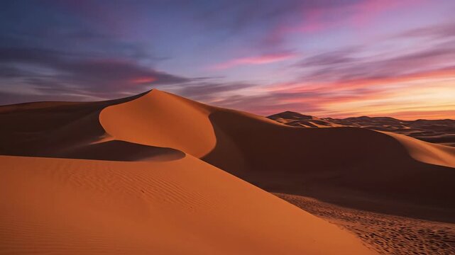 Vast ochre desert dunes illuminated by a vibrant sunset, with gentle breezes shaping the sand.