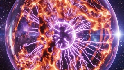 P250-Bright fiery futuristic 3d sphere in the Universe. Purple and orange energy orb seamlessly flowing. 4K 10s