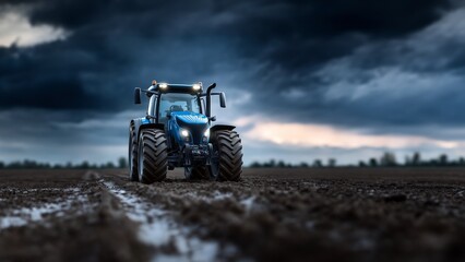 Obraz premium Blauer Traktor steht dramatisch vor stürmischem Gewitterhimmel bei Sonnenuntergang