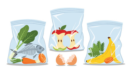 Vector illustration of organic waste for composting, sorted into clear plastic bags with food scraps like fruit peels and fish bones.