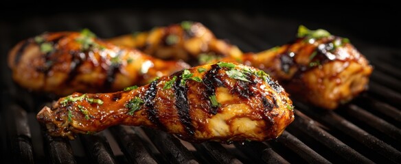 The chicken drumsticks sizzling on a hot charred grill with glossy herb glaze