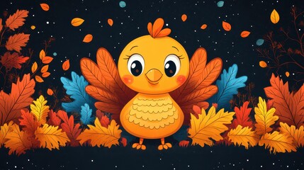 Cute cartoon chick surrounded by autumn leaves.