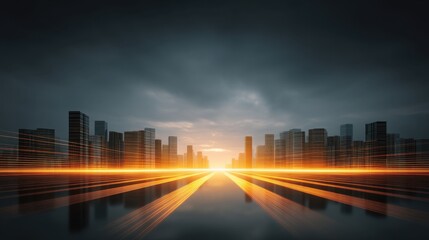 Fototapeta premium Urban Future with Dramatic Sunset Over City Skyline and Glowing Lights Capturing Essence of Modern Architecture and Vibrant Energy of Metropolis