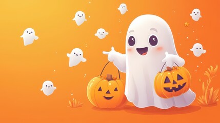 Cute cartoon ghost with pumpkins and small ghosts on orange background.