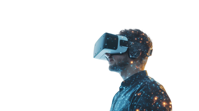 Man wearing virtual reality headset immersed in digital data stream with glowing particles against on transparent background - Powered by Adobe