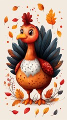 Cute cartoon turkey surrounded by autumn leaves.
