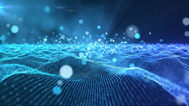 P259-Abstract digital waves flowing with soft light rays and bokeh effect. Particle waves background anim 4K 10s