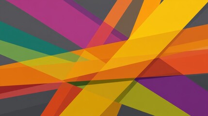 Obraz premium Colorful Geometric Design Featuring Overlapping Stripes in Bright Shades of Yellow, Orange, Purple, Green, and Red on a Dark Background