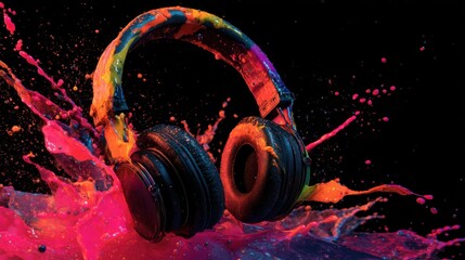 Headphones sit in a pool of vibrant paint creating a lively scene. Colors splash around showing the connection between music and visual art in a creative moment.