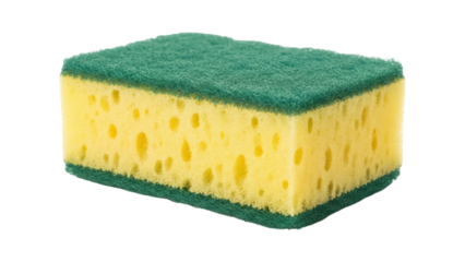 Yellow and green dish sponge isolated PNG, cleaning tool for washing dishes and household chores on transparent background