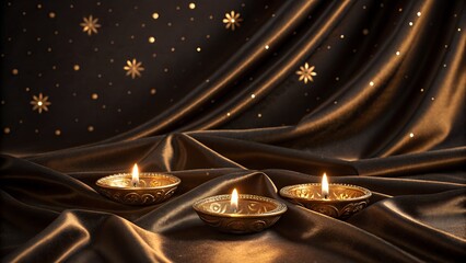 Golden diyas on luxurious fabric with starry night background