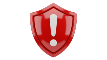 Red shield with exclamation mark isolated PNG on transparent background, security alert icon for website and app design