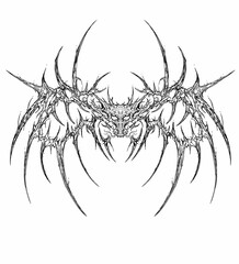 Dragon head with spiked biomechanical wings in neo-tribal gothic line art style, dark and aggressive, ideal for tattoo designs, dark apparel prints, and fantasy branding.