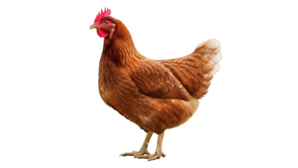 Brown hen isolated PNG on transparent background, domestic fowl with red comb and wattle for farm animal and poultry concepts
