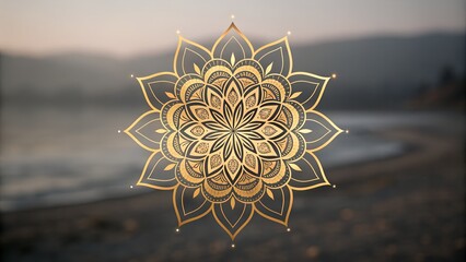 Golden mandala on serene beach at sunset with mountains